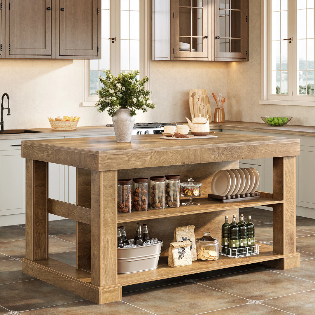 55-Inch Stationary Kitchen Island with Storage Shelves and Large Worktop, Farmhouse Style, Light Brown