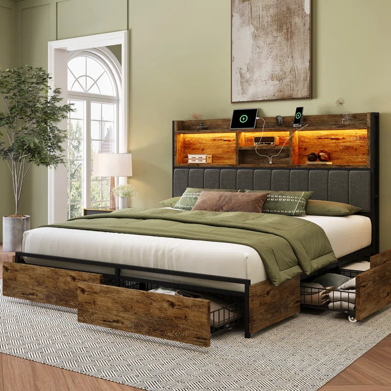 Bed Frame with 6 Storage Drawers, Linen Upholstered Headboard, Built in Charging Station and Led