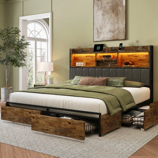 Bed Frame with 6 Storage Drawers, Linen Upholstered Headboard, Built in Charging Station and Led