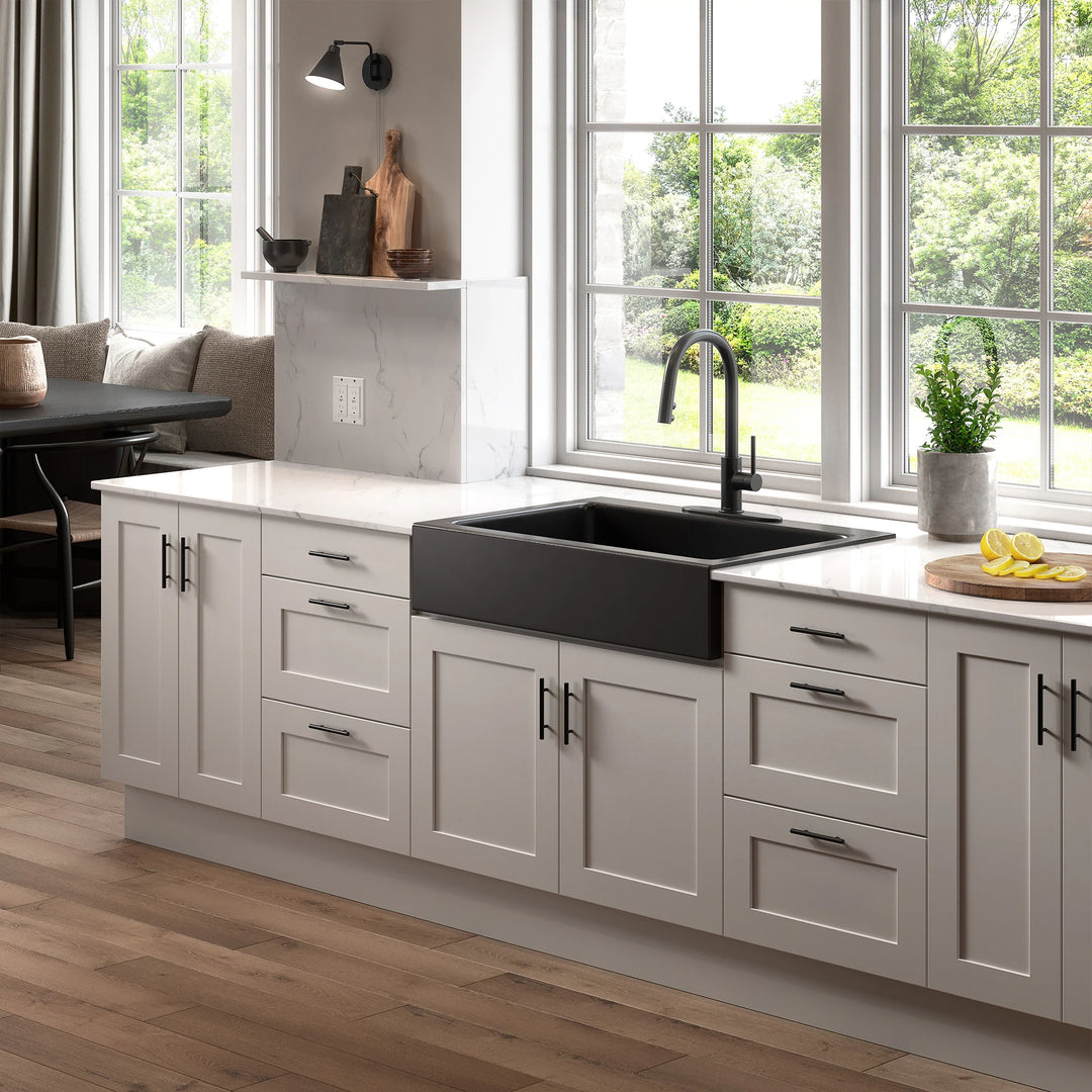 Parker Matte Black Fireclay 34″ Single Bowl Quick-Fit Farmhouse Apron Front Drop-In Kitchen Sink and Drain