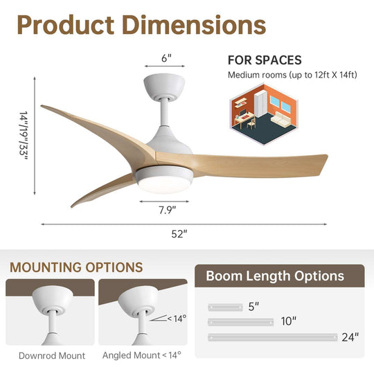 Sofucor 52/60 Inch Ceiling Fan with Integrated LED Light and Remote Control Quiet DC Motor