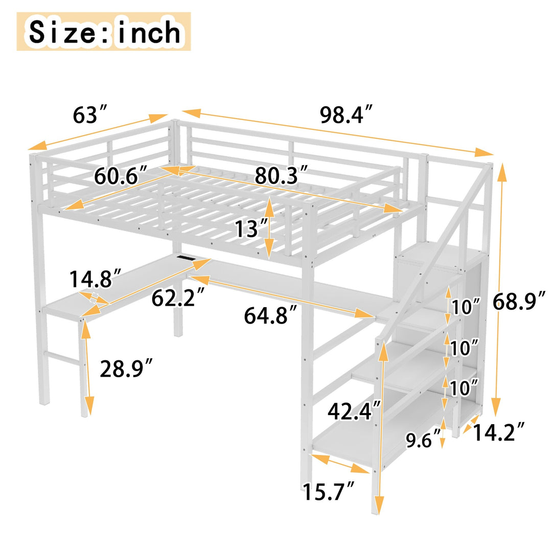 Queen Size Esports Gaming & Work Loft Bed with L-Shaped Desk, USB, LED, Wardrobe and Adjustable Shelf, Versatile Metal Bed Frame
