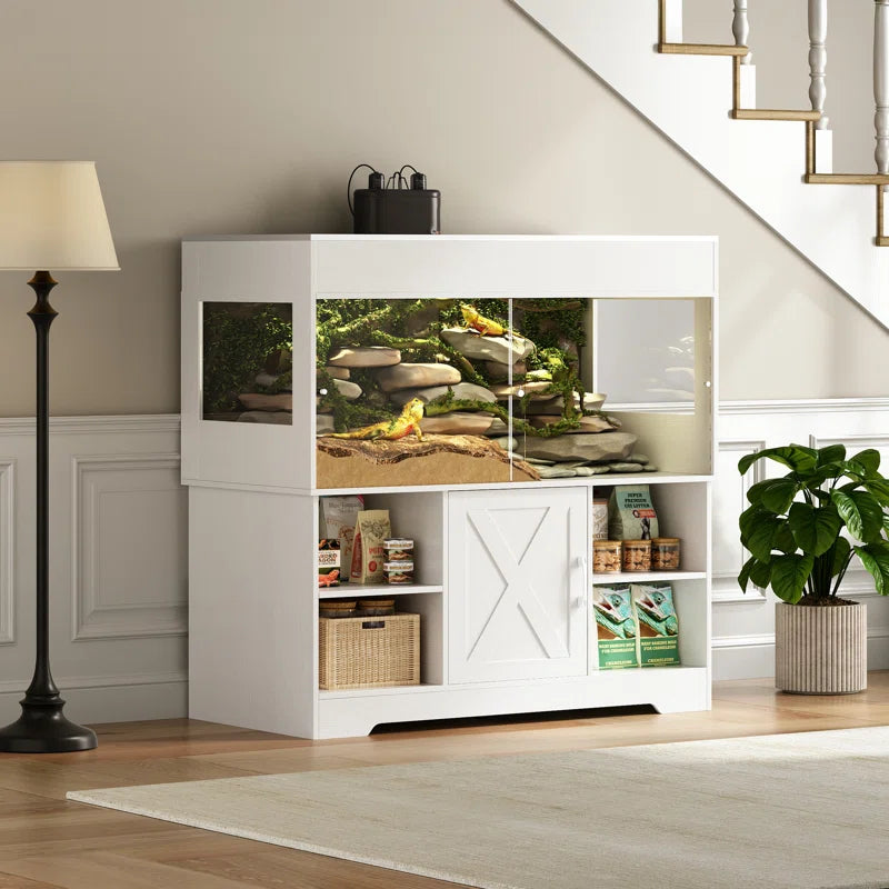 Reptile Tank with Stand, Terrarium Tank with Storage Cabinet, for Lizards, Skinks, Snakes, Sliding Acrylic Doors, Mesh Top, Built-In Power Outlet Px02Rtw