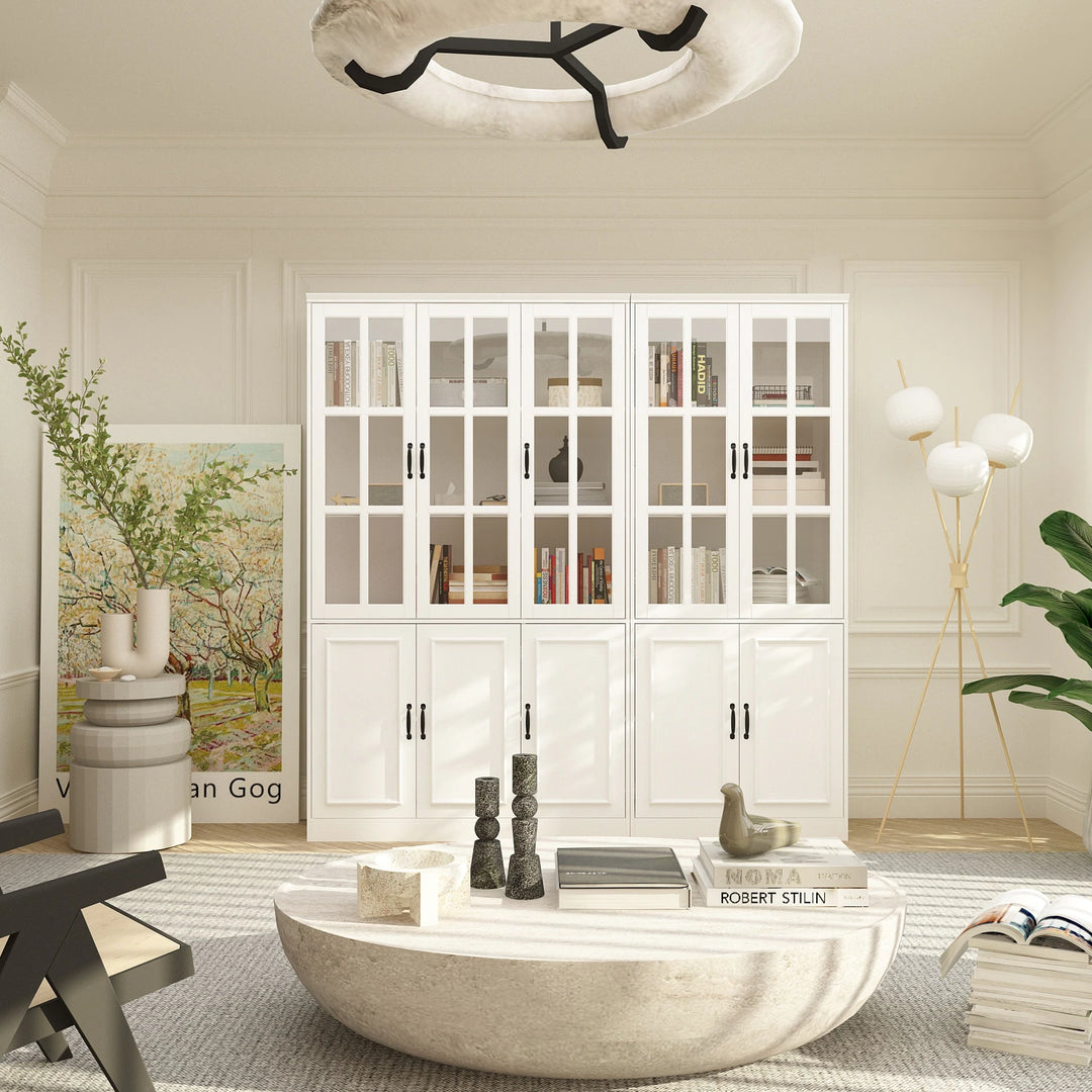 78.7"H Combo Buffet Sideboard White Curio Bookcase Cabinet Glass Door