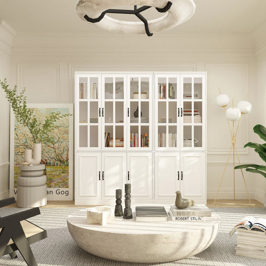 78.7"H Combo Buffet Sideboard White Curio Bookcase Cabinet Glass Door