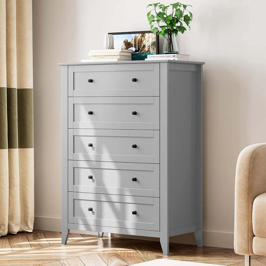 Modern Bedroom Nightstand with 5 Drawers & Metal Handles - Multifunctional Storage Cabinet,Easy Assembly for Living Room