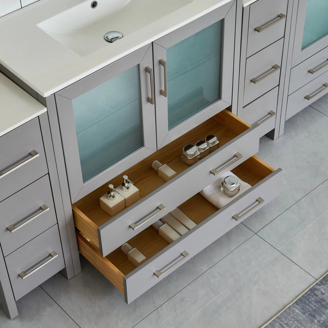 96" Double Sink Bathroom Vanity Set 10 Dove-Tailed Drawers, 3 Cabinets, 2 Shelves Soft-Closing Doors with Free Mirror
