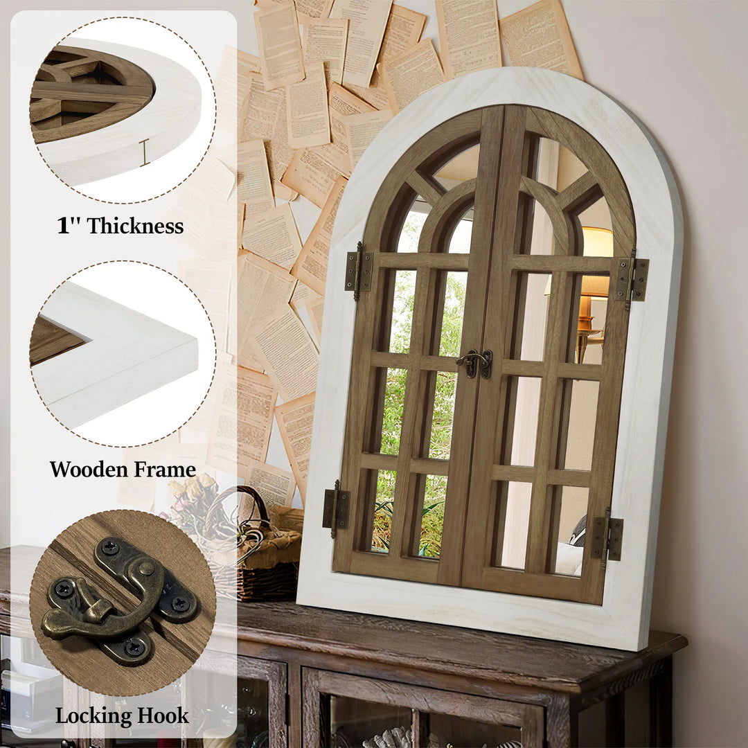 Vintage Wood Windowpane Arched Wall Mirror