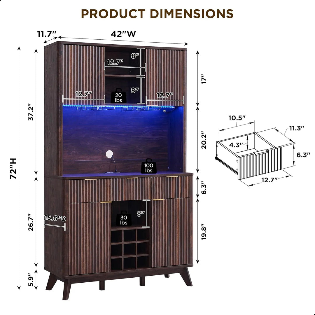 72" Wine Bar Cabinet, Modern Wood Coffee Bar Cabinet with LED Lights