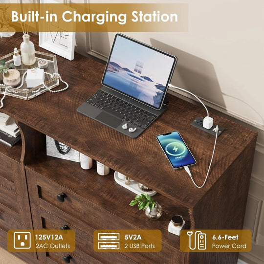 Modern 6 Drawer Dresser for Bedroom with Power Outlet and LED Light