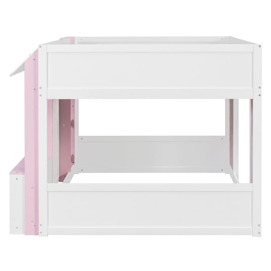 Full Loft House Bed with Playhouse Storage Modern Wood Cabin Bed for Kids