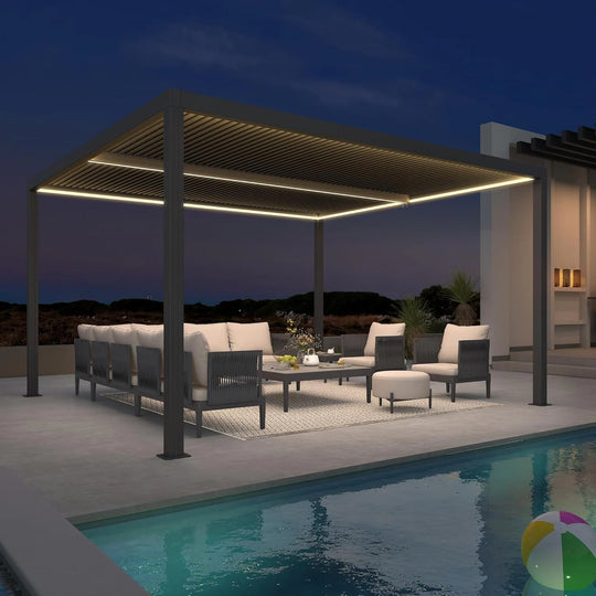Grey Louvered Pergola Outdoor Aluminum Pergola with Adjustable Roof for Patio Grey Hardtop Gazebo