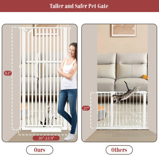 63" Extra Tall Pet Gate, Width Adjustable Pressure Mounted Cat Gate Auto-Close Dog Gate