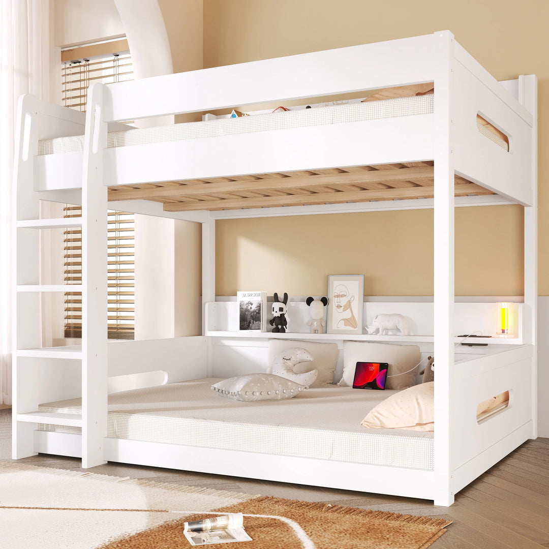 Queen over Queen Bunk Bed with Storage Shelves & USB Ports by