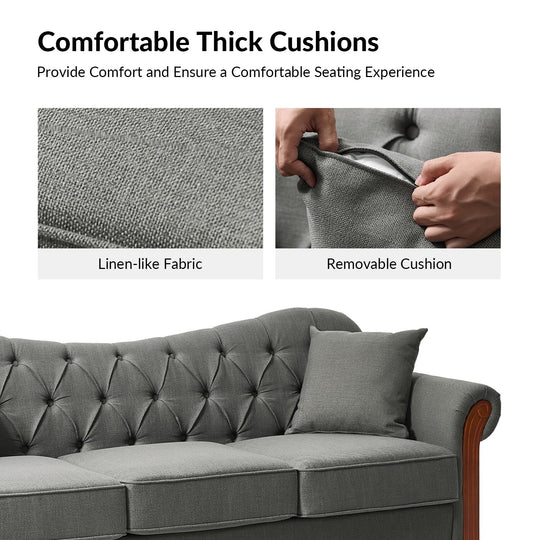 Mario Traditional 83"Wide Tufted Sofa with Solid Wood Legs and Pillows by
