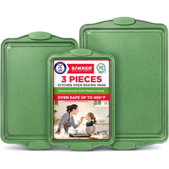 BAKKEN Kitchen Baking Pan Set - Nonstick Green Marble Coating, Carbon Steel Bakeware Sets with Green Silicone Handles,