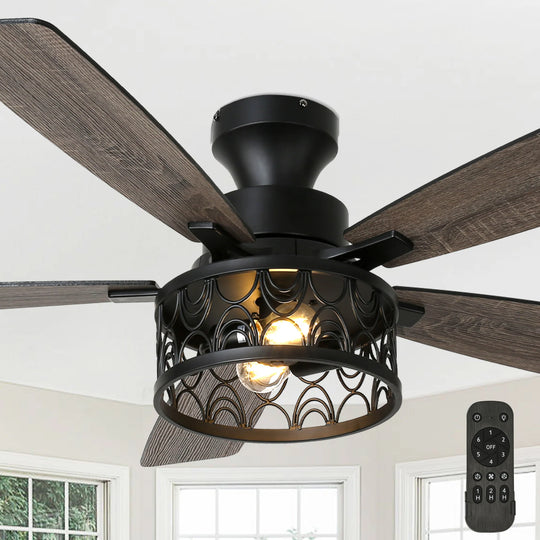 52-In Farmhouse Flush Mount Ceiling Fan with Lights and Remote Control, Black Caged Low Profile Chandelier Ceiling Fan