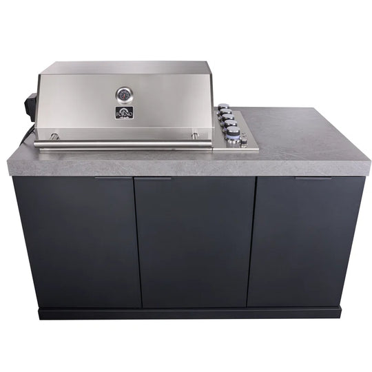 Rimini Outdoor Kitchen 30" BBQ 62,600 BTU, 3 Burners with Sear & Rotisserie, 2.4 Cu.Ft. Beverage Center, Stainless Steel Sink, Black Cabinets & Gray Sintered Stone Countertops
