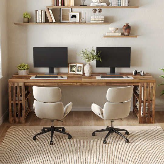 Two Person Desk with Bookshelf Computer Office Double Desk