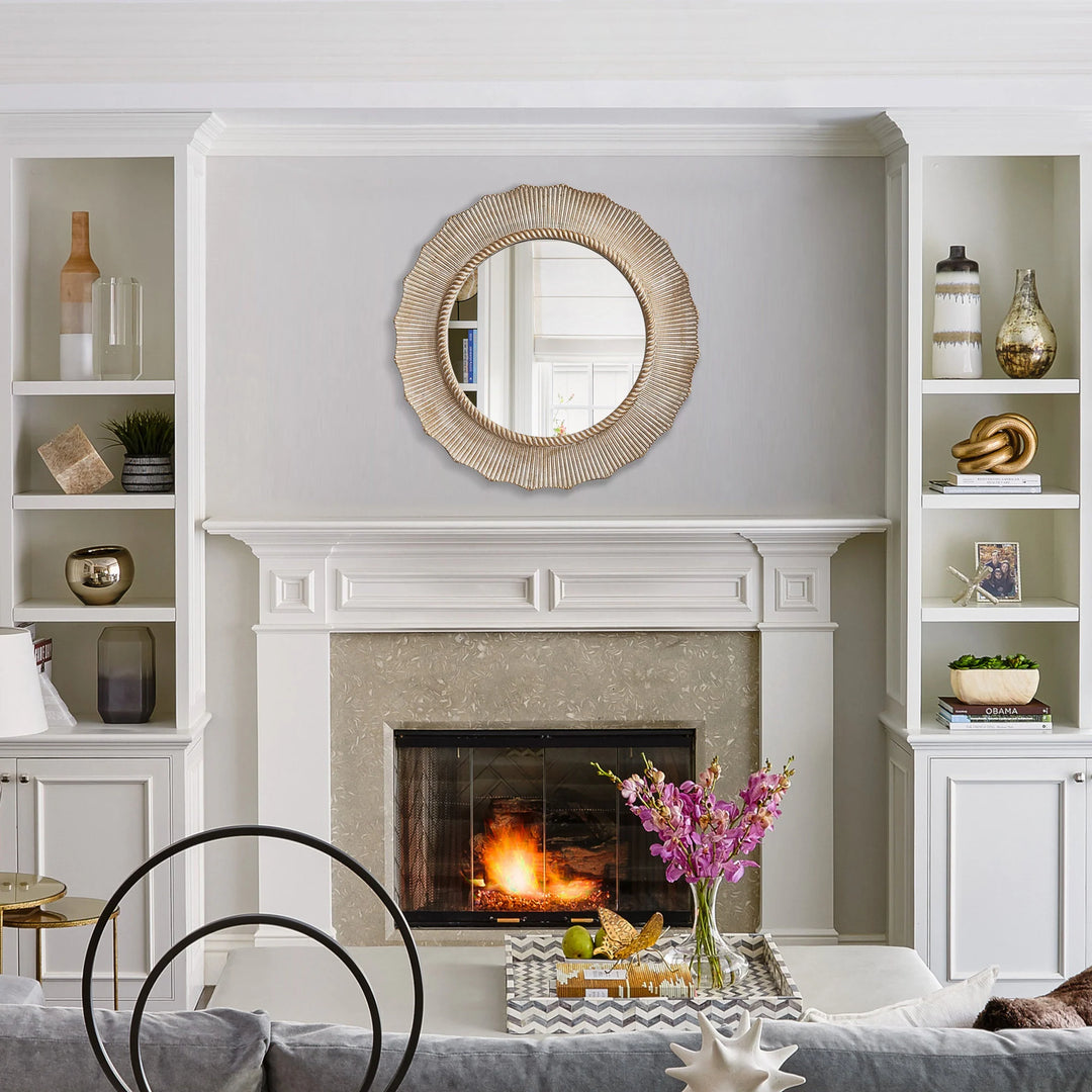 30" Bohemian Beige round Wooden Decorative Bathroom Vanity Wall Mirror