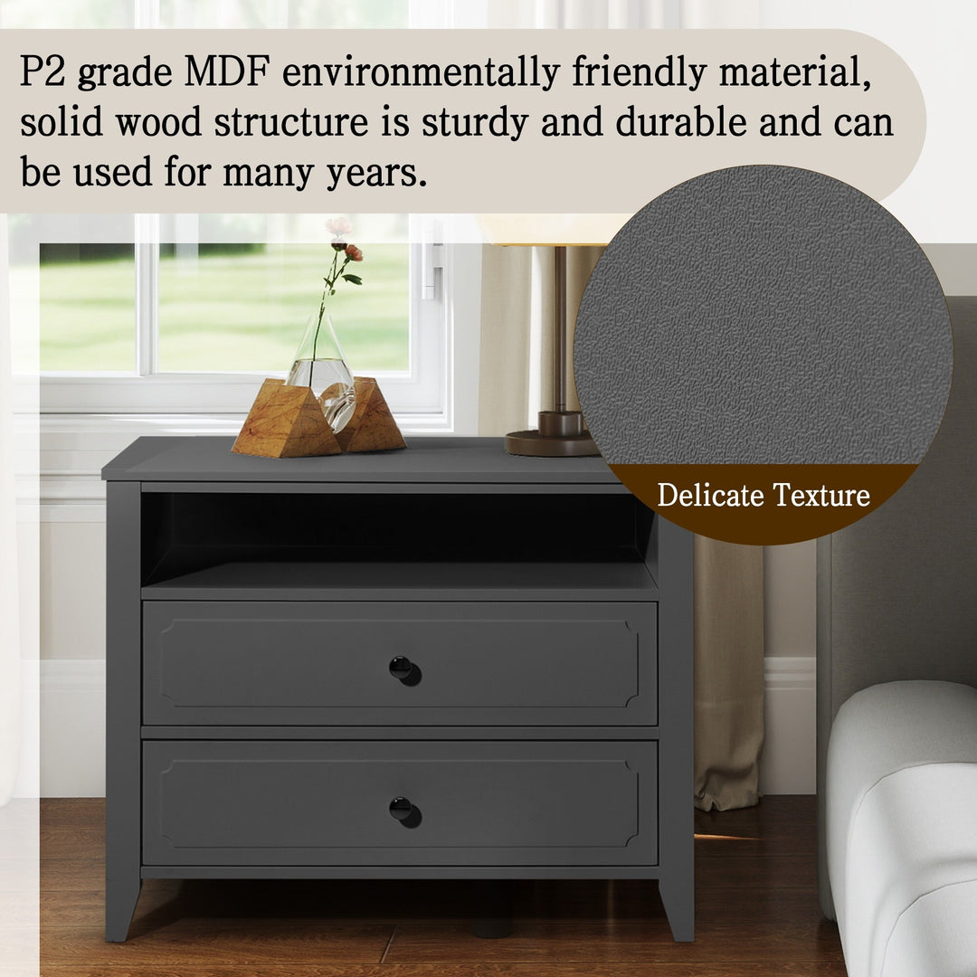 Wide Nightstand – 2‑Drawer Bedside Table with Open Shelf, MDF Wood End Table for Bedroom Living Room