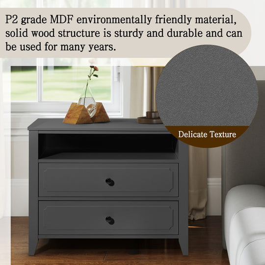 Wide Nightstand – 2‑Drawer Bedside Table with Open Shelf, MDF Wood End Table for Bedroom Living Room