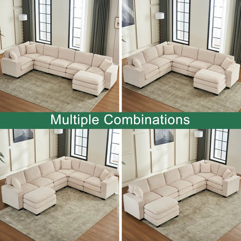 Modern U-Shaped 6-Seater Sectional Sofa with One Footstool