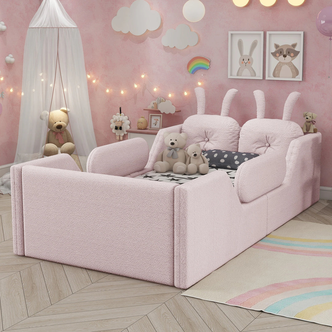 Twin Size Upholstered Platform Bed with Rabbit Cushion, Floor Upholstered Bed with Removable Side Rails