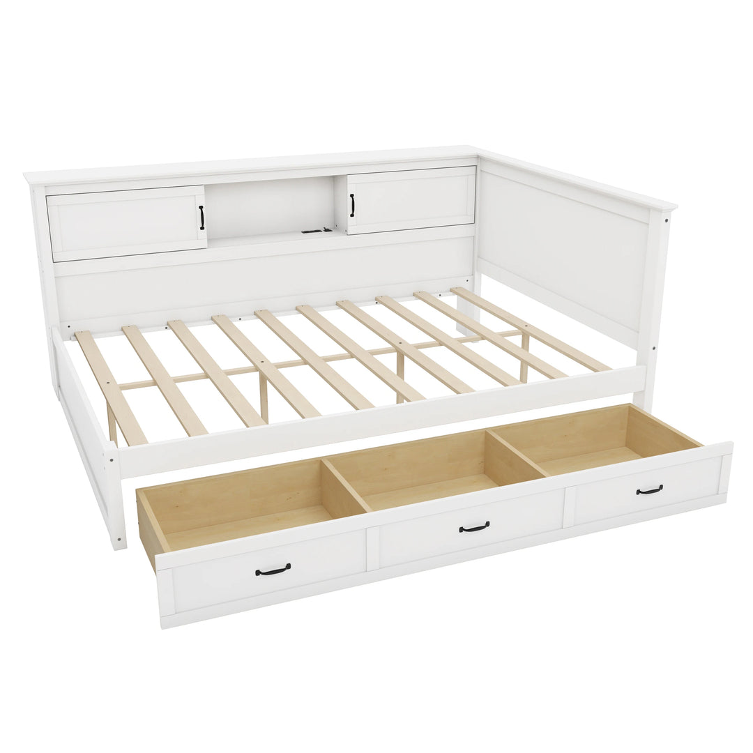 L-Shaped Corner Bed Frame with Drawer, Bookcase, LED Downlight and USB Port