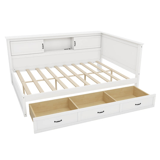 L-Shaped Corner Bed Frame with Drawer, Bookcase, LED Downlight and USB Port