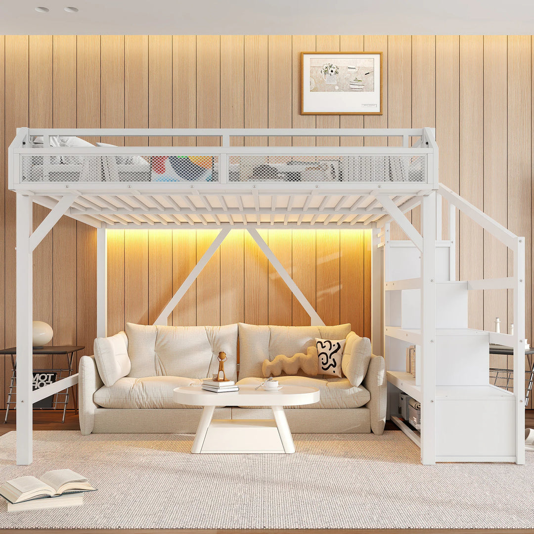 Queen Loft Bed with Storage Stairs, Shelves and Built-In Wardrobe, with USB Ports and LED Lights, Noise-Reduced Design