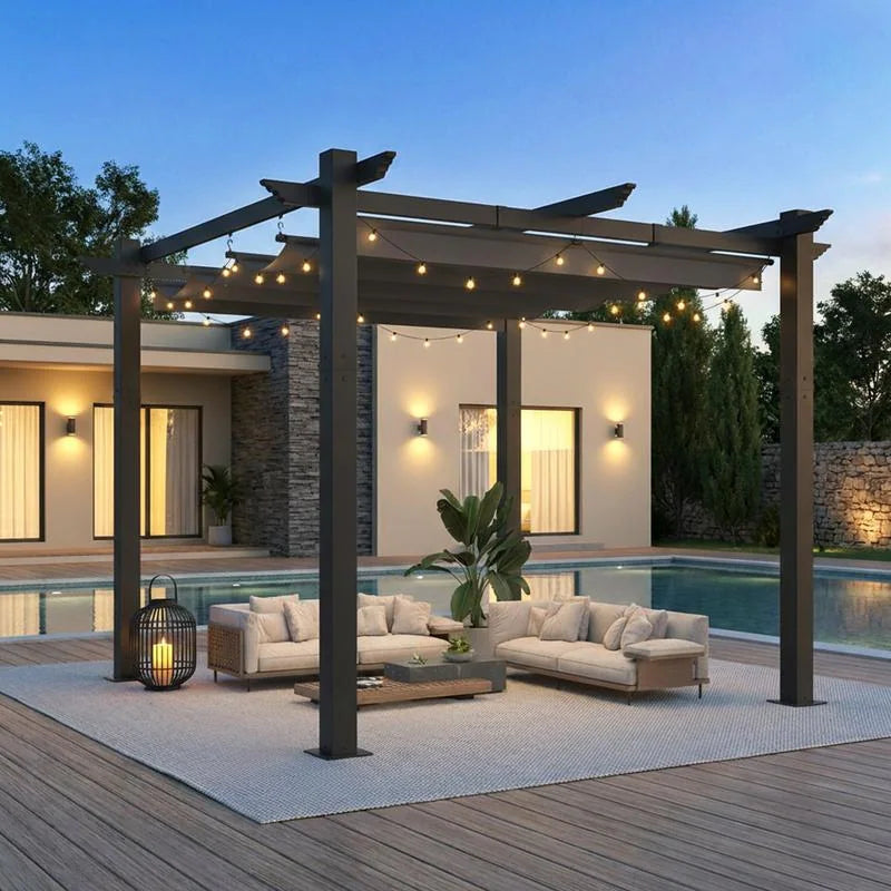 10' X 13' Outdoor Pergola with Retractable Canopy, Heavy-Duty Metal Frame and Adjustable Patio Shade Roof