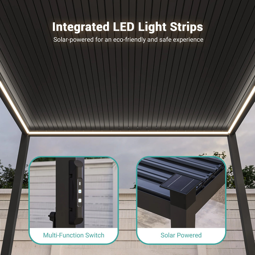 Outdoor Metal Solar LED Louvered Pergola with Adjustable Roof