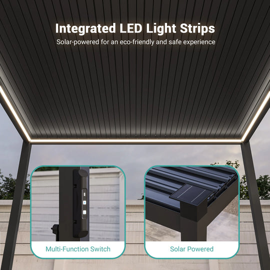 Outdoor Metal Solar LED Louvered Pergola with Adjustable Roof
