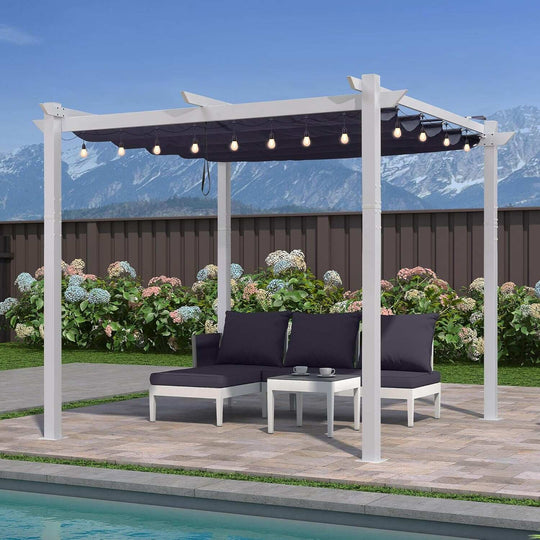 Gazebo Outdoor Retractable White Heavy-Duty Aluminum Pergola with Extra Top Roof