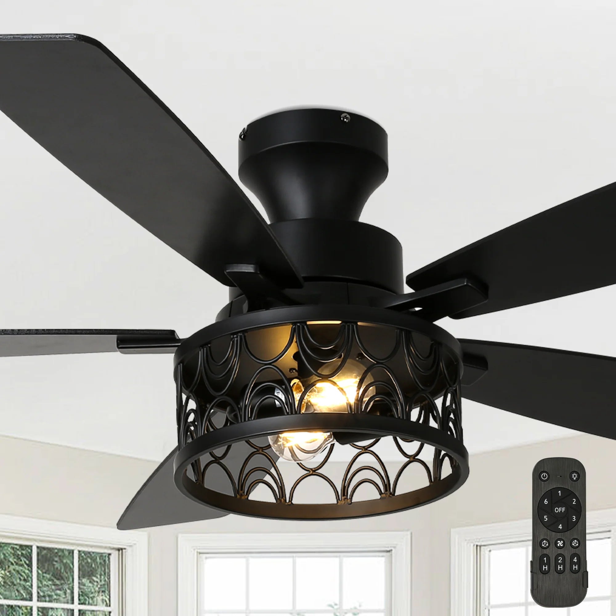 52-In Farmhouse Flush Mount Ceiling Fan with Lights and Remote Control, Black Caged Low Profile Chandelier Ceiling Fan