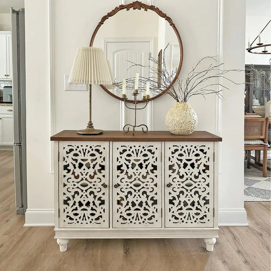 Retro Antique Hollow-Carved 3-Door Storage Cabinet