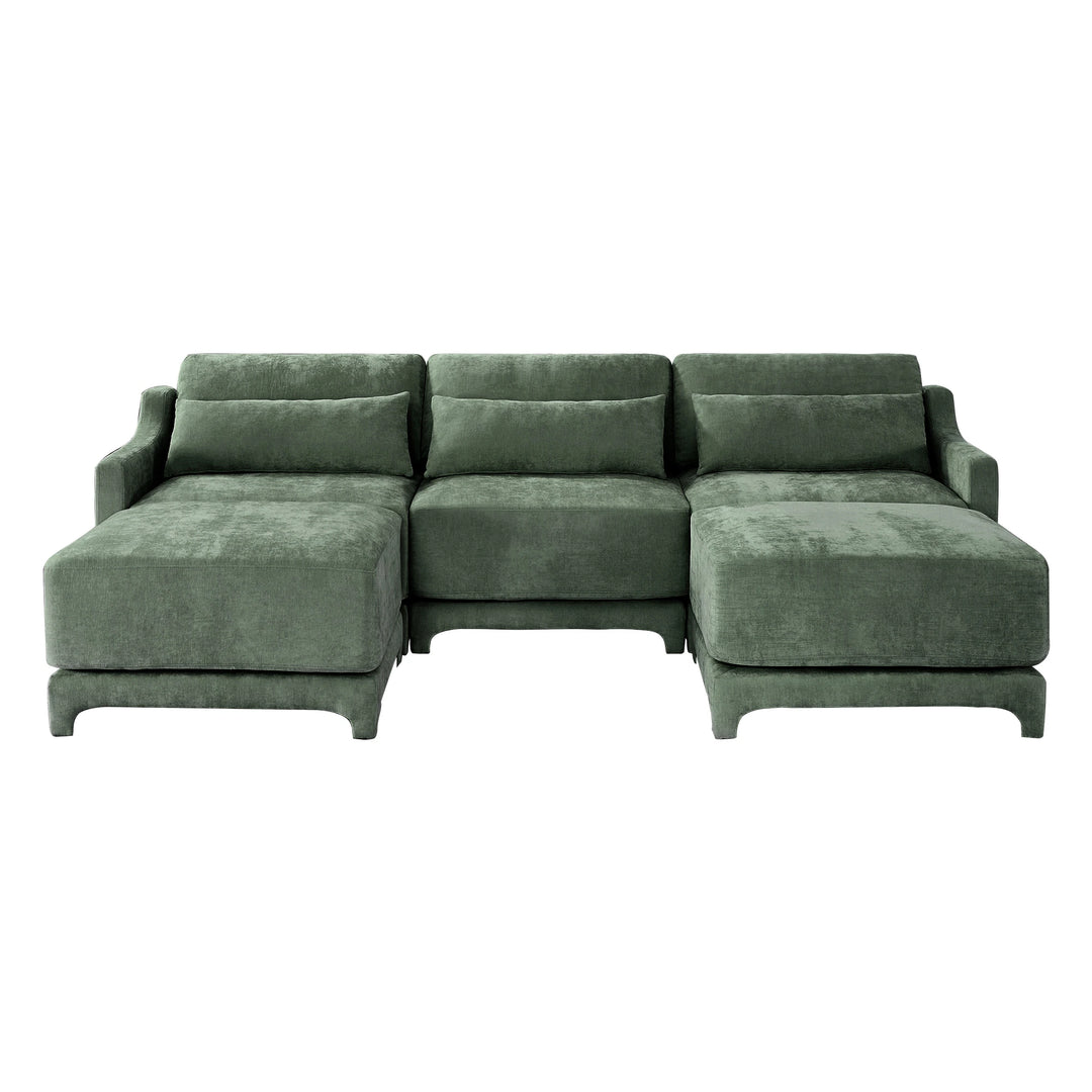Modern Chenille 4-Seater Sofa with 2 Ottoman, Lumbar Cushions, Ergonomic Backrest, High-Resilience Spongeand Tufted Armrests