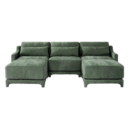 Modern Chenille 4-Seater Sofa with 2 Ottoman, Lumbar Cushions, Ergonomic Backrest, High-Resilience Spongeand Tufted Armrests