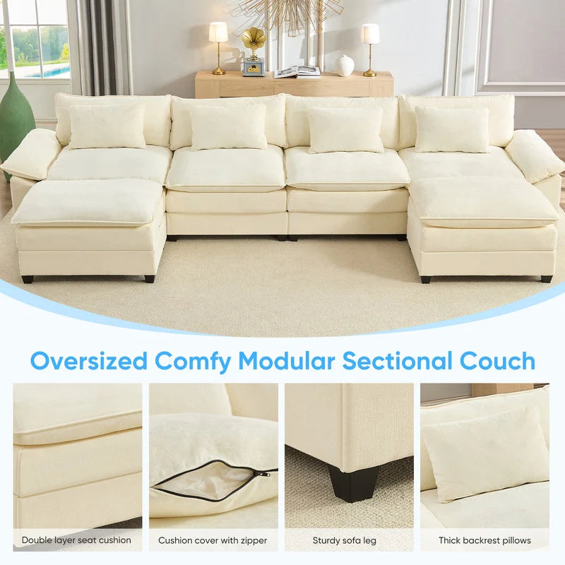 Modern 156''Oversized U-Shaped Modular Sectional Sofa with 2 Ottomans,6-Seat Cloud Couch,Chenille Sofa Sleeper Deep Seat Couches