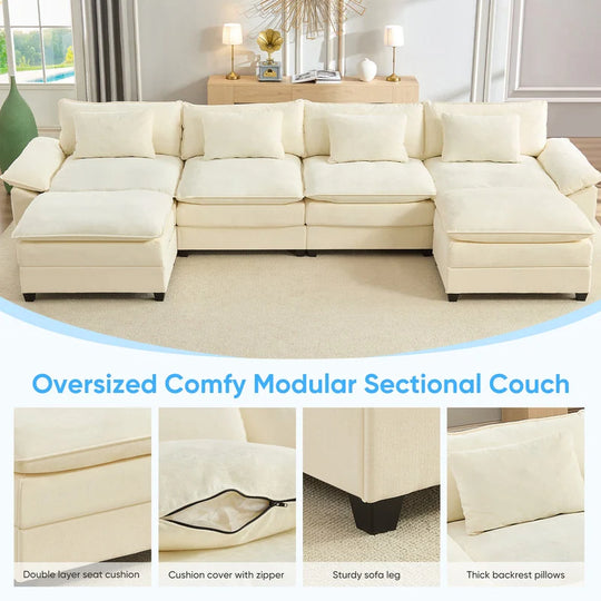 Modern 156''Oversized U-Shaped Modular Sectional Sofa with 2 Ottomans,6-Seat Cloud Couch,Chenille Sofa Sleeper Deep Seat Couches