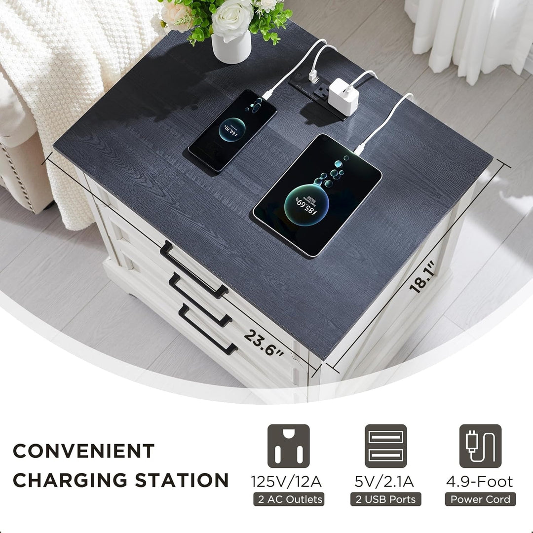 Farmhouse 3-Drawer Nightstand, Wide End Table with Charging Station