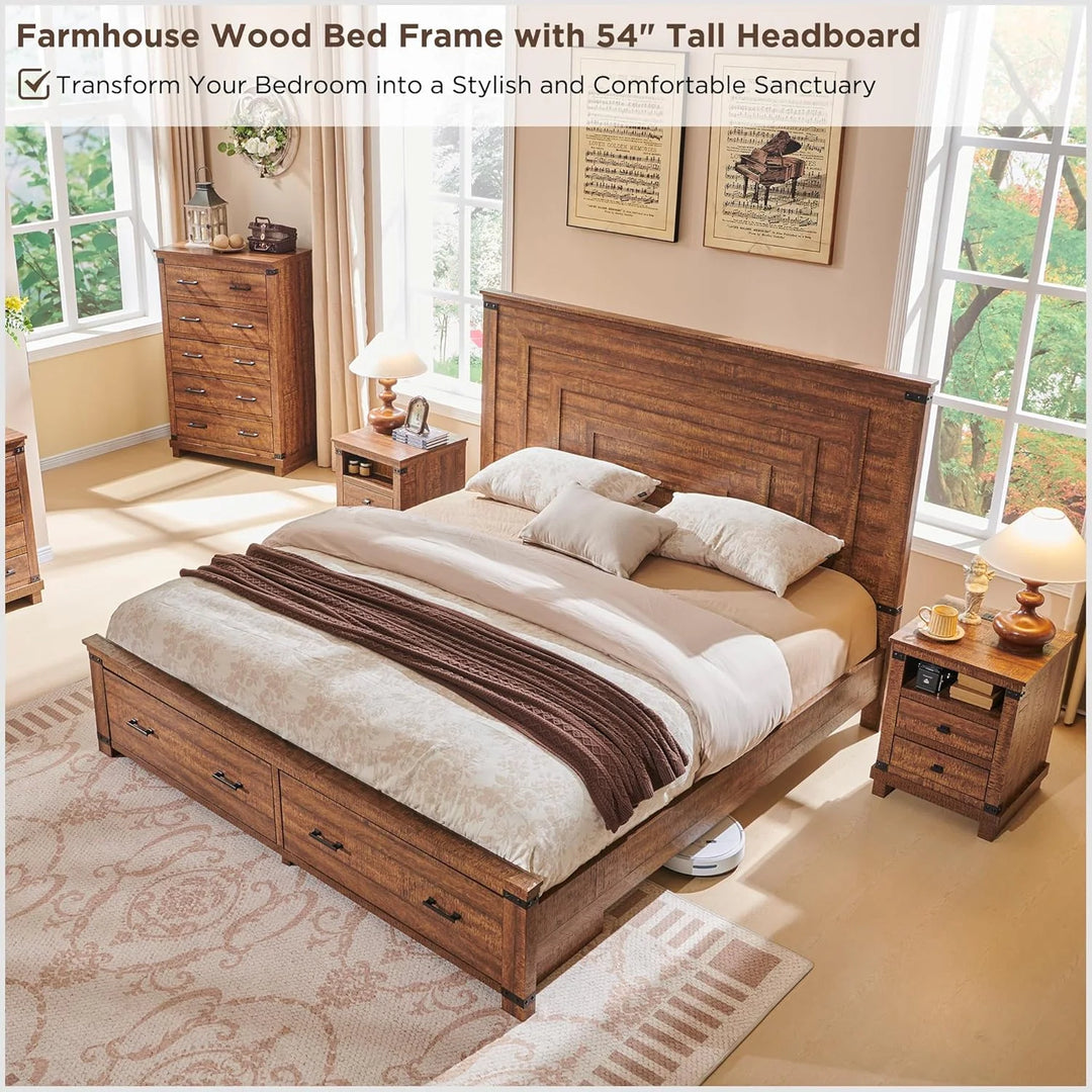 Farmhouse Wood Bed Frame with 54" Tall Headboard, 2 Large Drawers