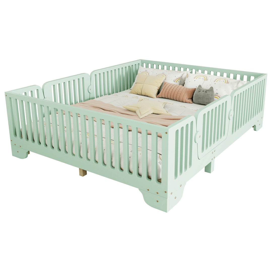 Full Size Montessori Floor Bed Frame with Safety Rails and Removable Door, Low Profile Kids Bed with Slatted Support