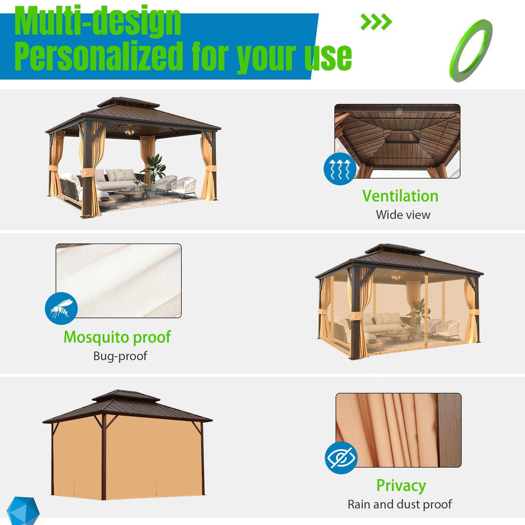 Outdoor Hardtop Gazebo W Galvanized Steel Double Roof & Aluminum Frame, 10'X12' Pergola with Premium Curtains and Nettings