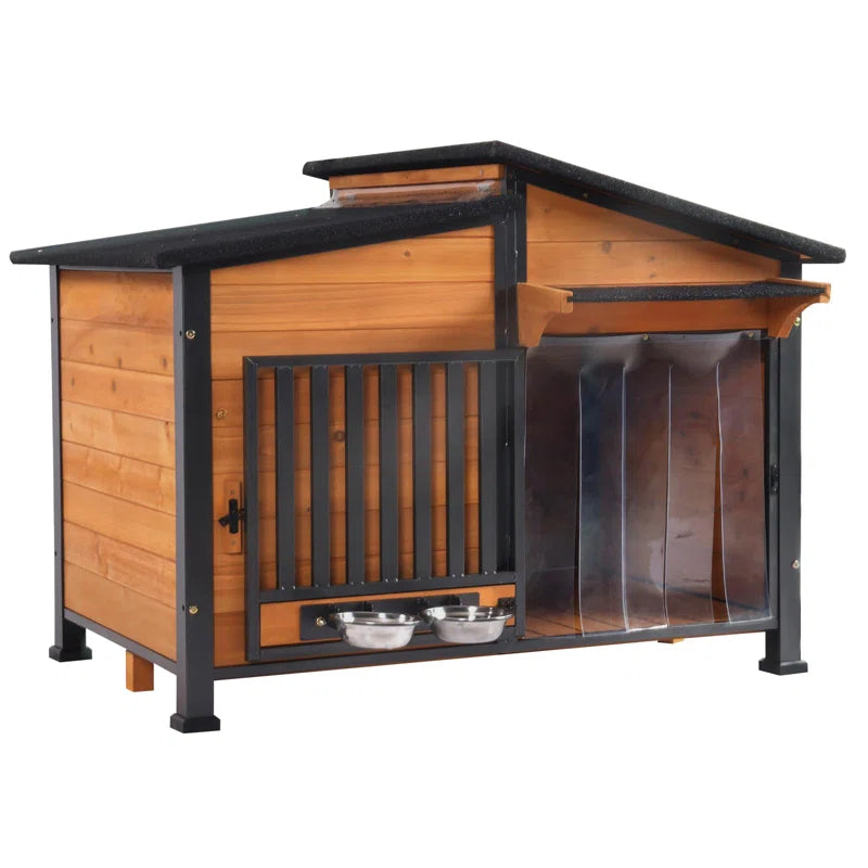 Dog House Outdoor Dog Kennel with Chew-Proof Metal Frame, Rotating Food Bowl, Pvc Door Curtain, Weatherproof for Small Medium Dogs, 39.7" L X 25.5" W X 32.2" H