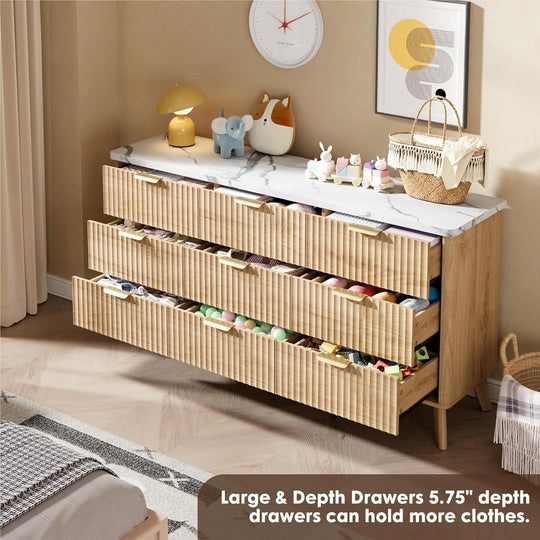 Fluted 9-Drawer Dresser, 60.6" Wide Modern Wooden Chest with Curved Design, Dresser TV Stand for Living Room, Walnut