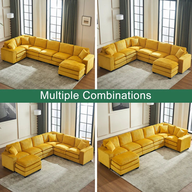 Modern U-Shaped 6-Seater Sectional Sofa with One Footstool