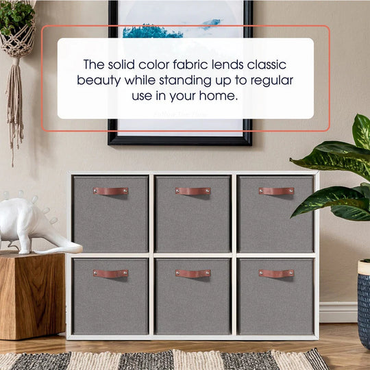 Foldable Collapsible Storage Box Bins Linen Fabric Shelf Basket Cube Organizer with Leather Handles - Set of 6