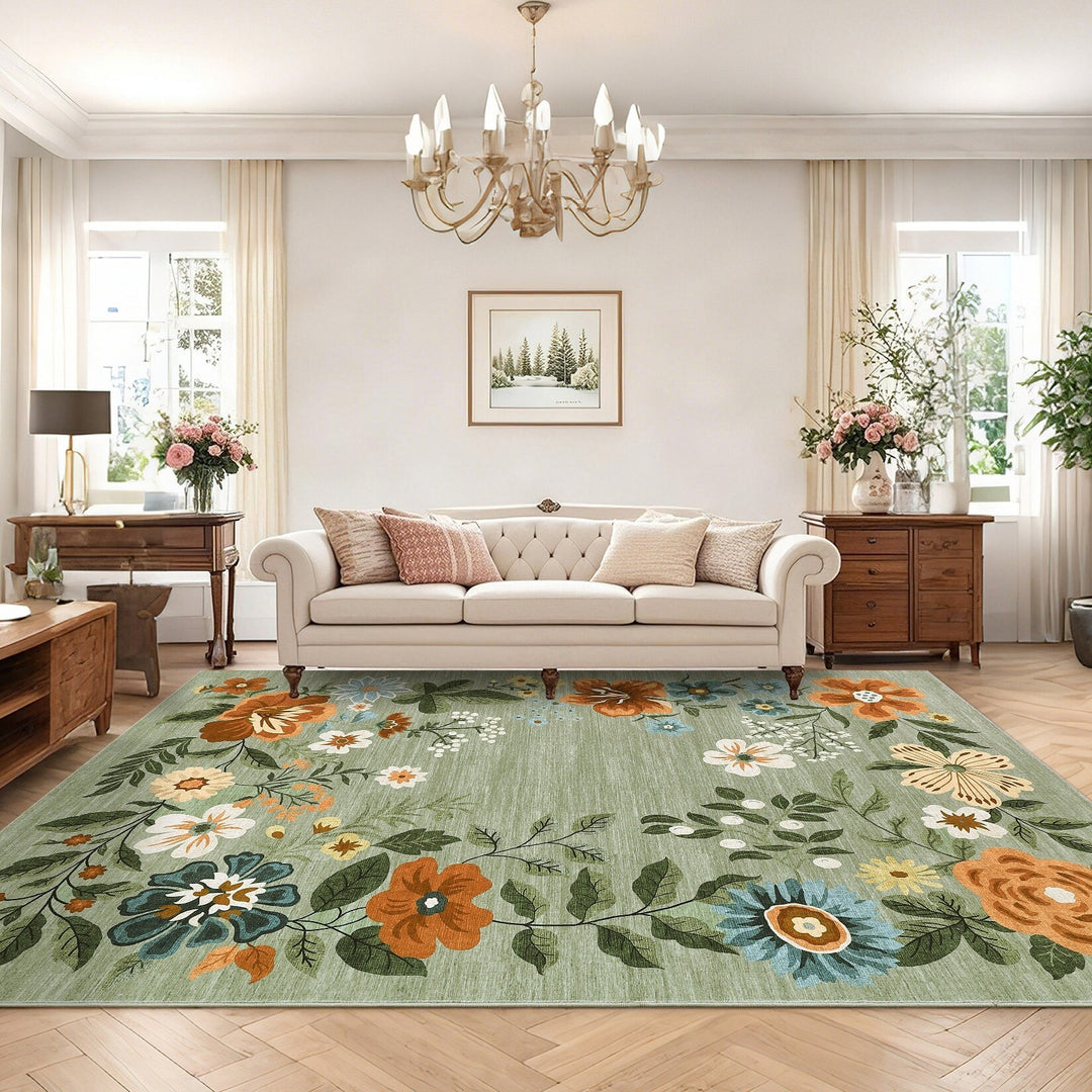 Floral Rugs Modern Indoor Soft Ultra-Thin Carpet Low Pile Flower Print Non Slip Throw Rug for Nursery Bedroom